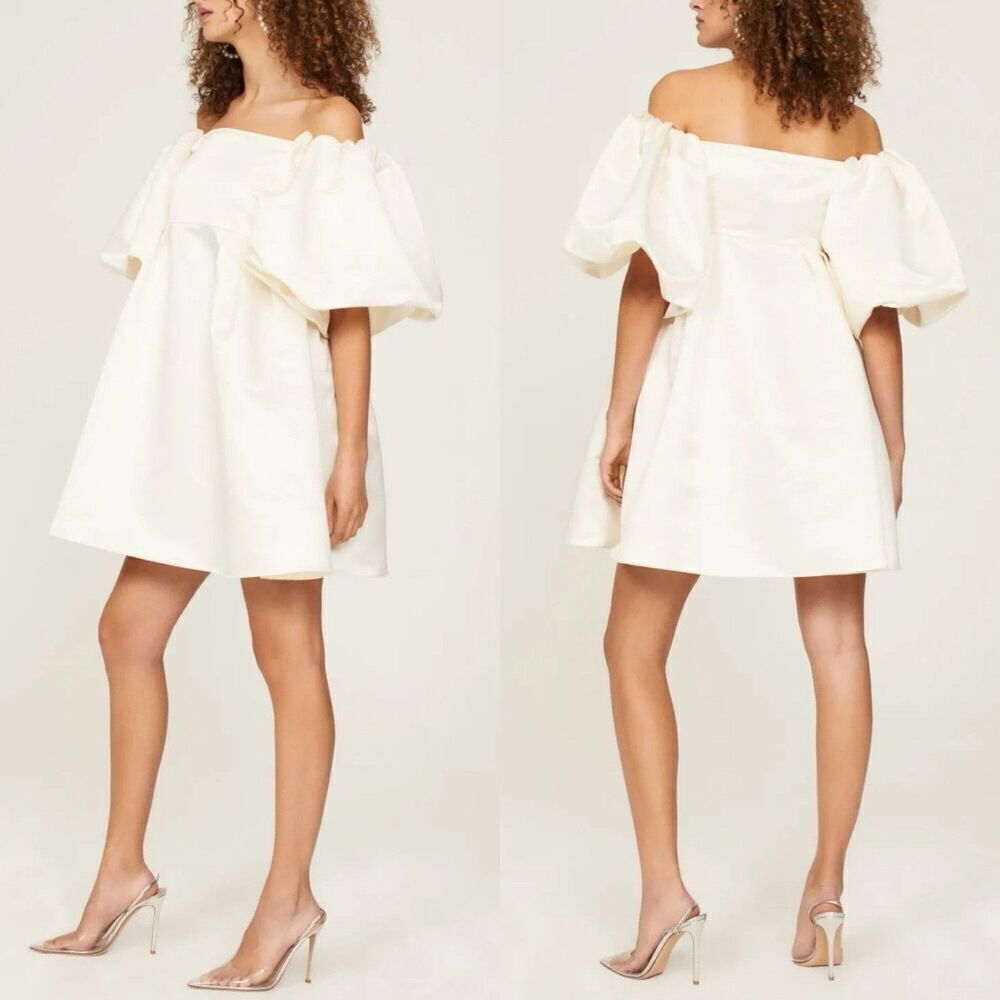 PETER SOM Satin Mini Dress Women 4 White Puff Sleeve Off Shoulder Wedding